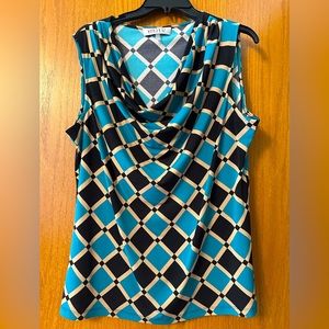 Ladies sleeveless cowl neck. Kasper brand. XL. Teal and black geometric design.